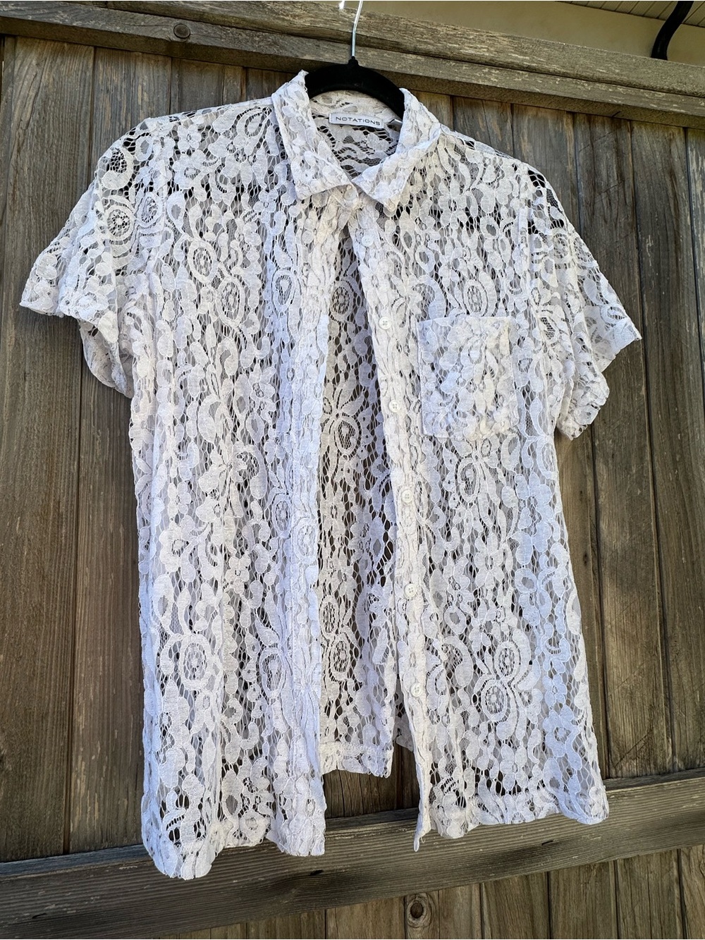 Notations White Lace Short Sleeve Button-Front Shirt